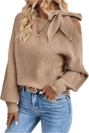 MakeMeChic Women's Long Sleeve Sweater Round Neck Cut Out Bow Knot Asymmetrical Knit Tops