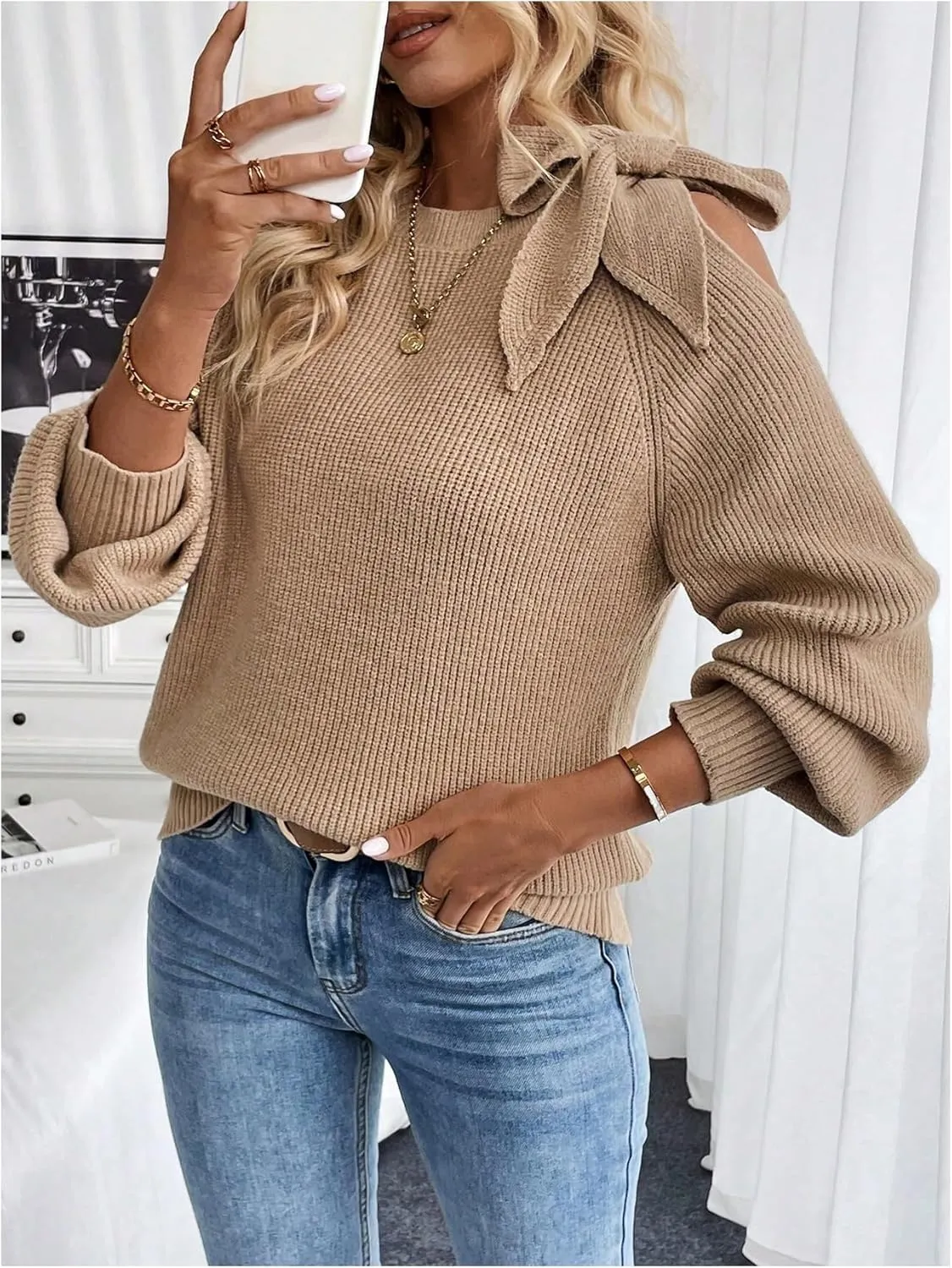 MakeMeChic Women's Long Sleeve Sweater Round Neck Cut Out Bow Knot Asymmetrical Knit Tops