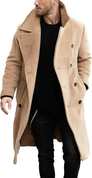 Makkrom Mens Double Breasted Trench Coat Casual Lapel Collar Business Winter Long Overcoats