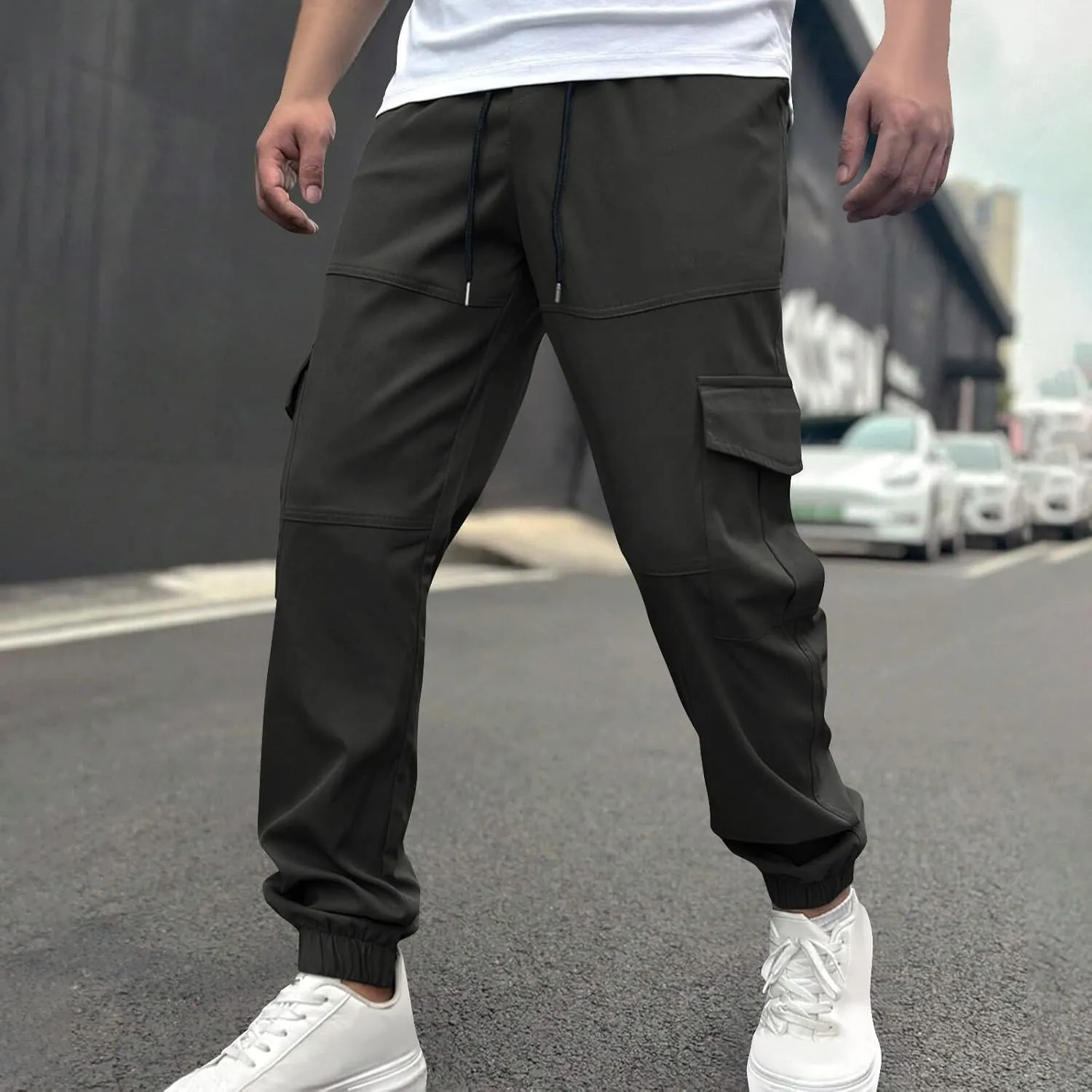 Men's Cargo Pants Joggers Drawstring Waist Multi Pocket Bottoms Loose Fit for Streetwear Gym or Travel