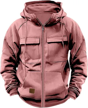 Men's Fall Winter Hooded Jacket Vintage Cargo Long Sleeve Solid Multiple Pockets Tops Coat Casual Sweatshirts Jacket