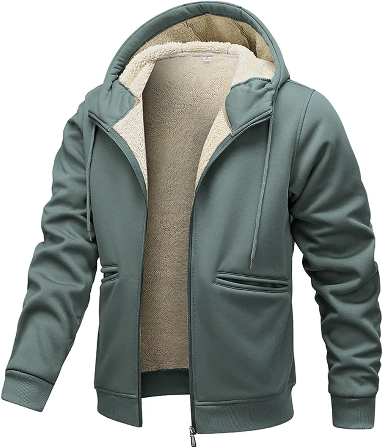 Men's Fall Winter Sherpa Coat Fleece Lined Long Sleeve Zip Up Outerwear Casual Warm Solid Drawstring Hooded Jacket