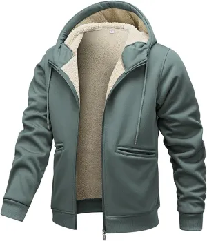 Men's Fall Winter Sherpa Coat Fleece Lined Long Sleeve Zip Up Outerwear Casual Warm Solid Drawstring Hooded Jacket