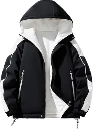 Men's Fleece Lined Jacket Fashion Color Block Full Zip Hooded Jacket Winter New Outdoor Coat with Pocket Loose Fit