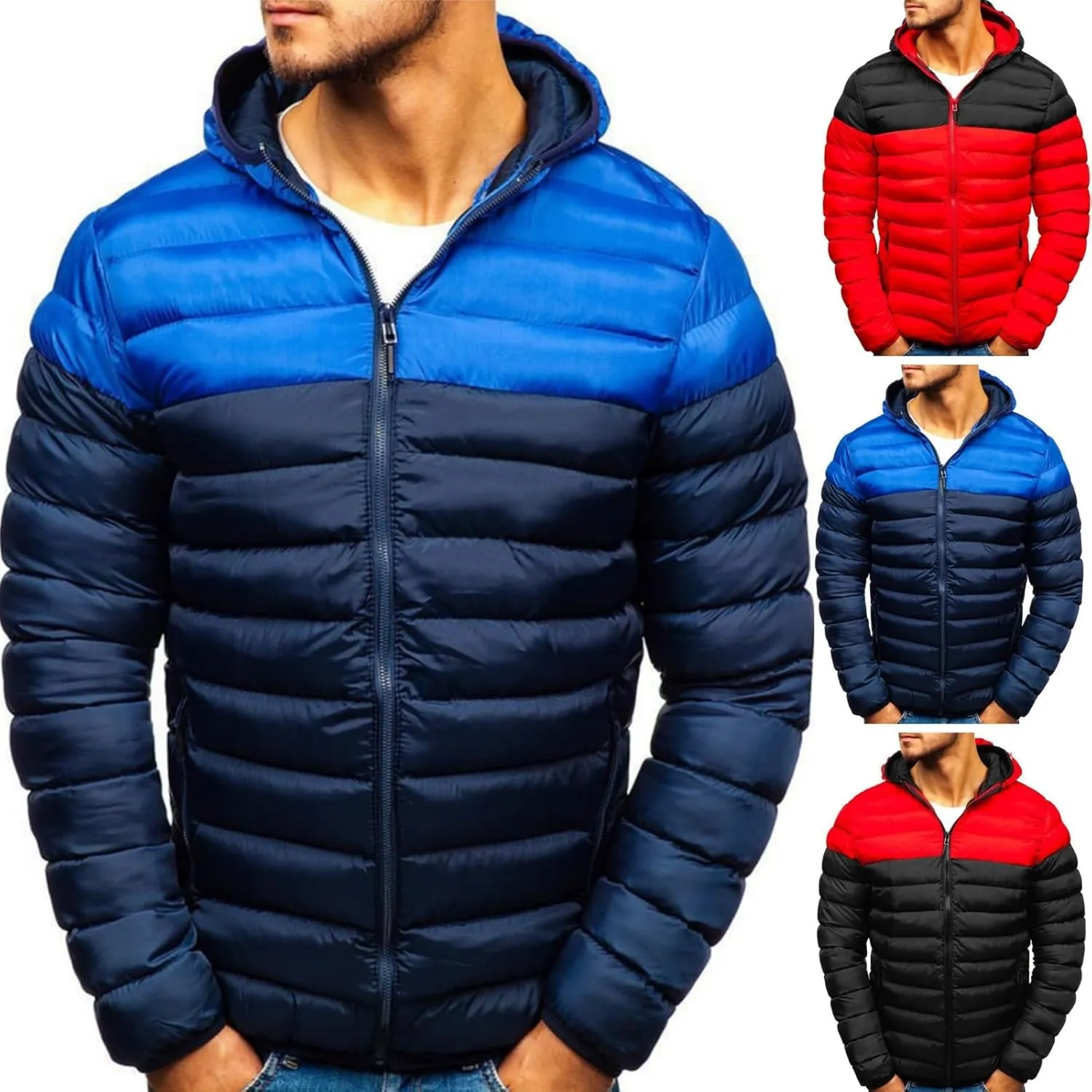 Men's Hooded Puffer Jacket Water-Resistant Winter Coat Windproof Padded Puffy Coat Zipper Down Jacket Trendy Outwear