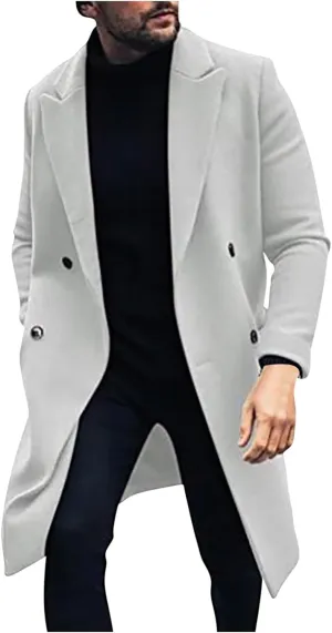 Men's Premium Wool Blend Double Breasted Mid Length Pea Coat Classic Winter Notched Lapel Long Sleeve Overcoats with Pockets