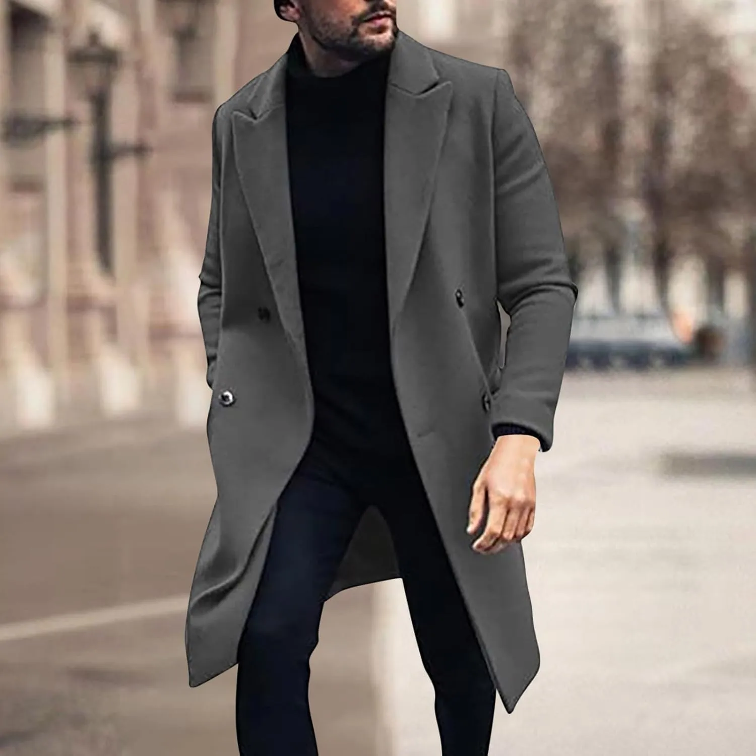 Men's Premium Wool Blend Double Breasted Mid Length Pea Coat Classic Winter Notched Lapel Long Sleeve Overcoats with Pockets
