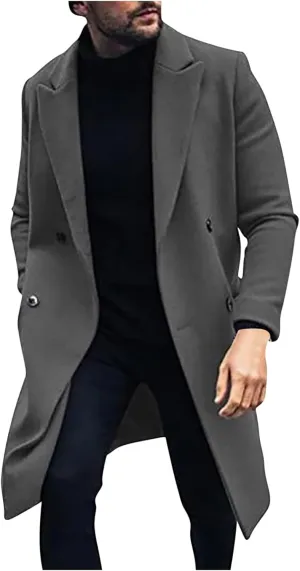 Men's Premium Wool Blend Double Breasted Mid Length Pea Coat Classic Winter Notched Lapel Long Sleeve Overcoats with Pockets