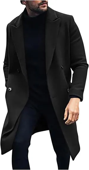 Men's Premium Wool Blend Double Breasted Mid Length Pea Coat Classic Winter Notched Lapel Long Sleeve Overcoats with Pockets