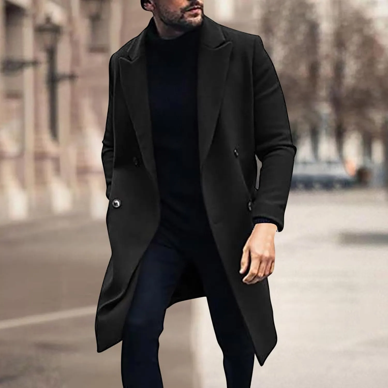 Men's Premium Wool Blend Double Breasted Mid Length Pea Coat Classic Winter Notched Lapel Long Sleeve Overcoats with Pockets