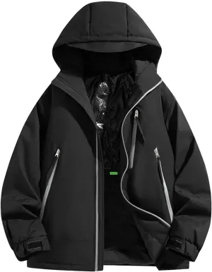 Mens Ski Jacket Lightweight Fashion Insulated Hooded Jackets Oversized Windproof Hooded Rain Full Zip Down Jacket