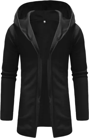 Men'S Trench Coat With Hood Winter Long Zipper Jacket Overcoat Cardigan Fashion Long Sleeve Outwear Blouse, Black, XX-Large