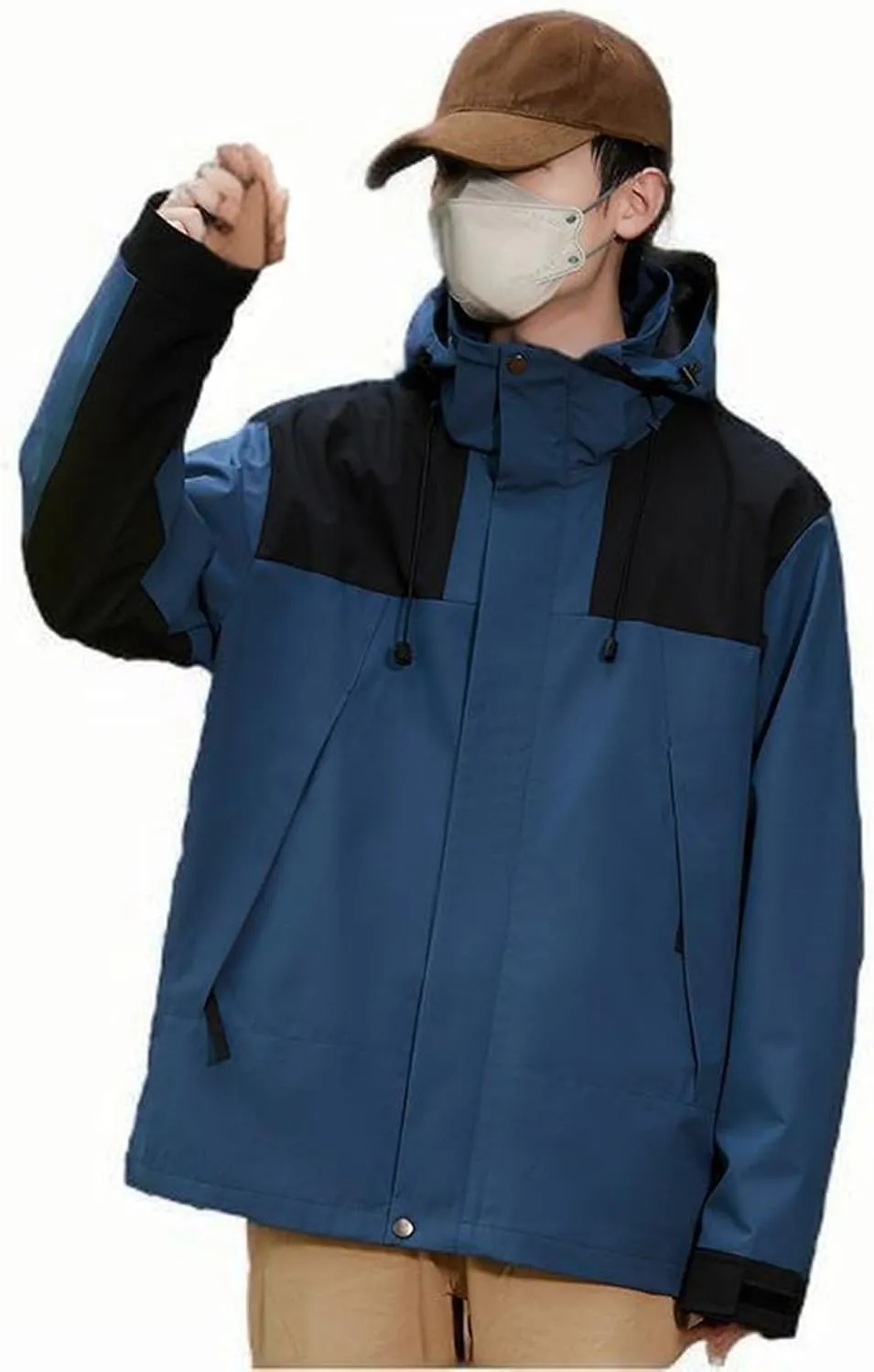 Mens Waterproof Rain Jacket with Removable Hood Fashion Color Block Rain Coat Outdoor Windbreaker with Pockets