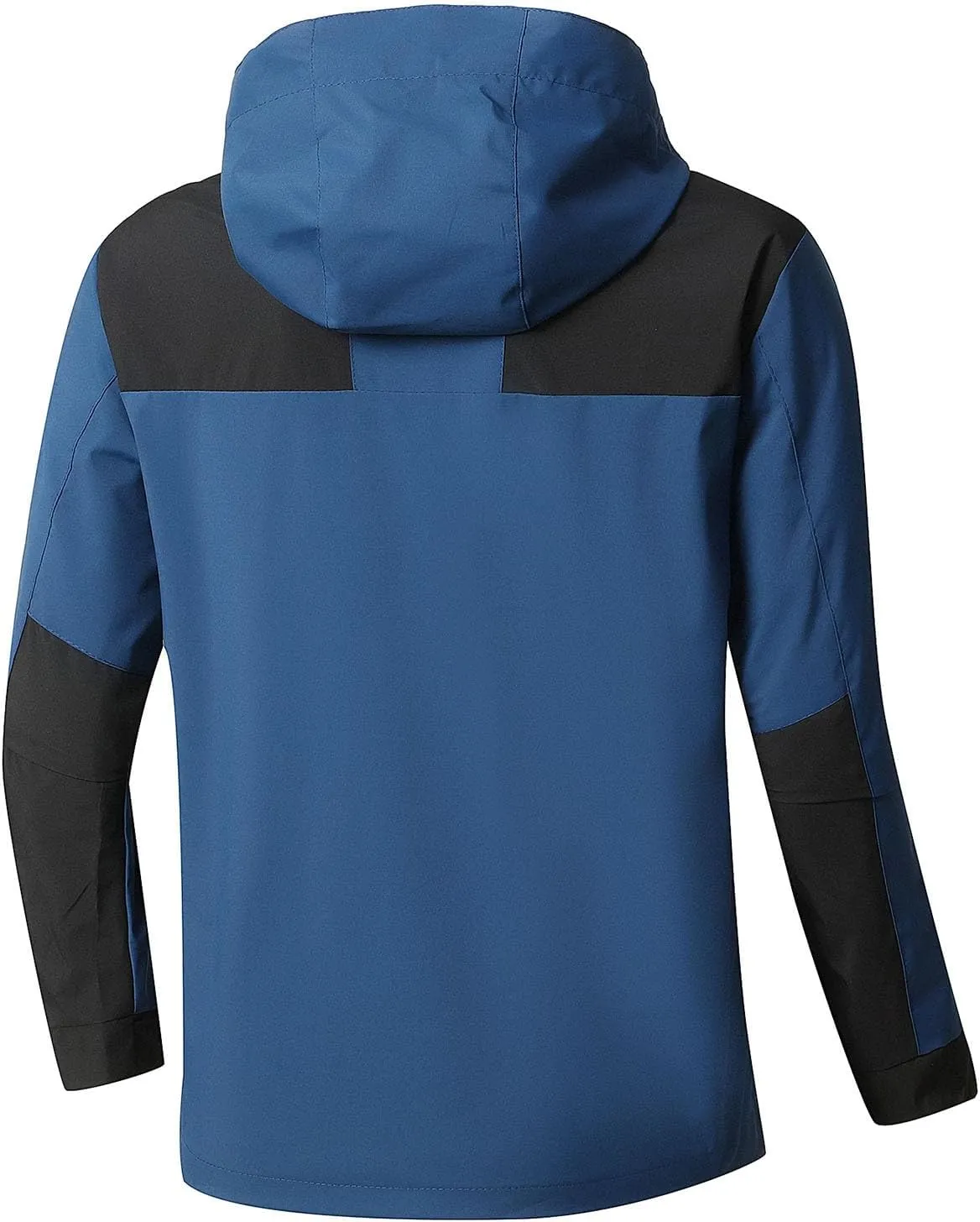 Mens Waterproof Rain Jacket with Removable Hood Fashion Color Block Rain Coat Outdoor Windbreaker with Pockets