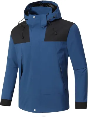 Mens Waterproof Rain Jacket with Removable Hood Fashion Color Block Rain Coat Outdoor Windbreaker with Pockets