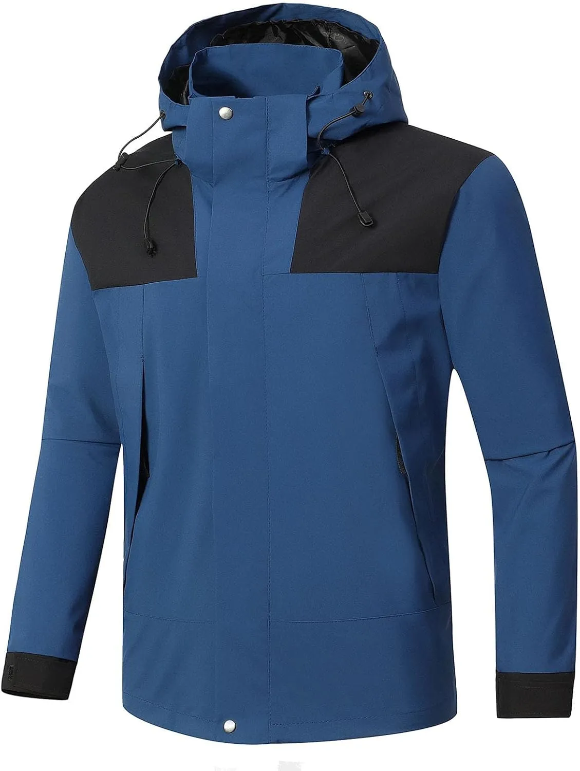 Mens Waterproof Rain Jacket with Removable Hood Fashion Color Block Rain Coat Outdoor Windbreaker with Pockets