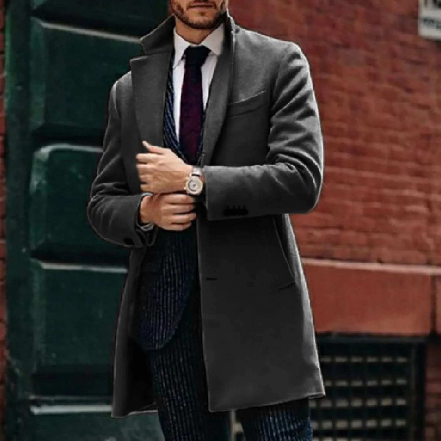 Mens Wool Blend Trench Coat Mid-Length Notched Collar Long Top Pea Coats Business Single Breasted Jacket Overcoat