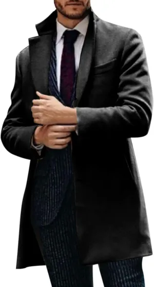 Mens Wool Blend Trench Coat Mid-Length Notched Collar Long Top Pea Coats Business Single Breasted Jacket Overcoat