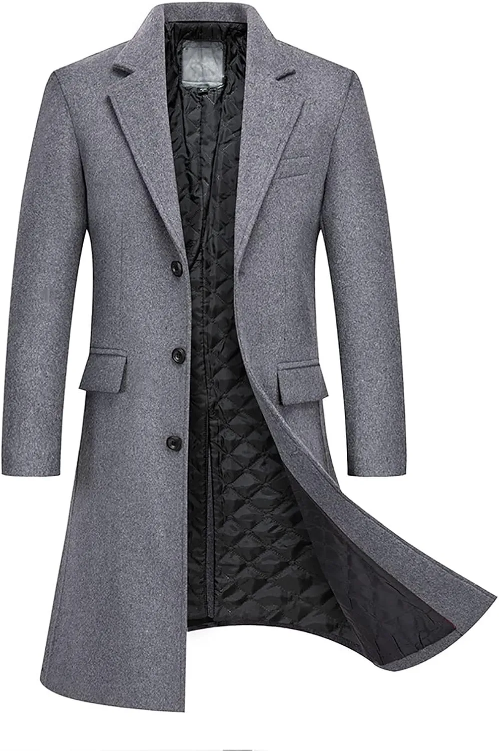 Mens Wool Blend Trench Coat Single Breasted Notch Lapel Walker Mid-Length Classic Pea Top Coats Winter Warm Comfy Overcoats