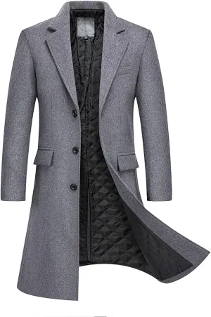 Mens Wool Blend Trench Coat Single Breasted Notch Lapel Walker Mid-Length Classic Pea Top Coats Winter Warm Comfy Overcoats