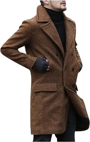 Men's Woolen Pea Coat Slim Fit Double Breasted Winter Wool Trench Business Down Jacket Long Sleeve Mid Long Overcoat Coats