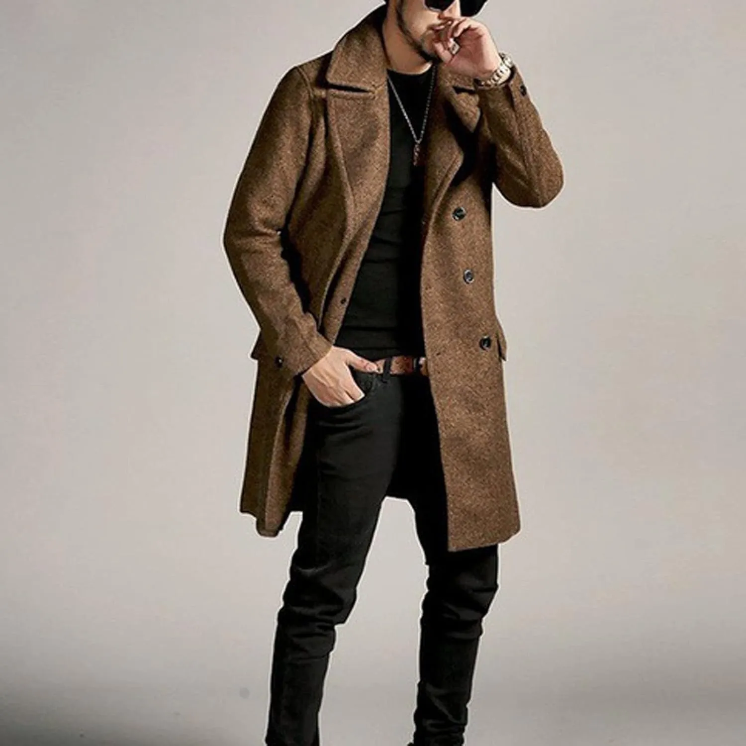 Men's Woolen Pea Coat Slim Fit Double Breasted Winter Wool Trench Business Down Jacket Long Sleeve Mid Long Overcoat Coats