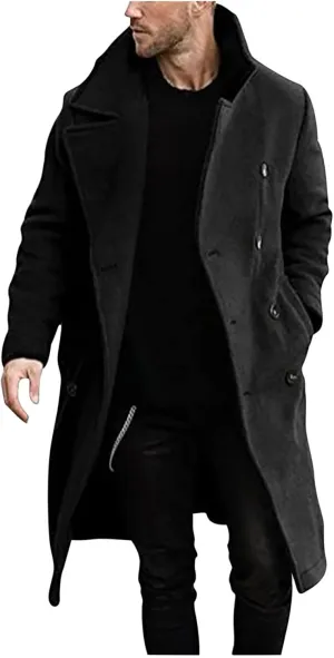 Men's Woolen Pea Coat Slim Fit Double Breasted Winter Wool Trench Coats Business Down Jacket Notch Lapel Office Overcoats