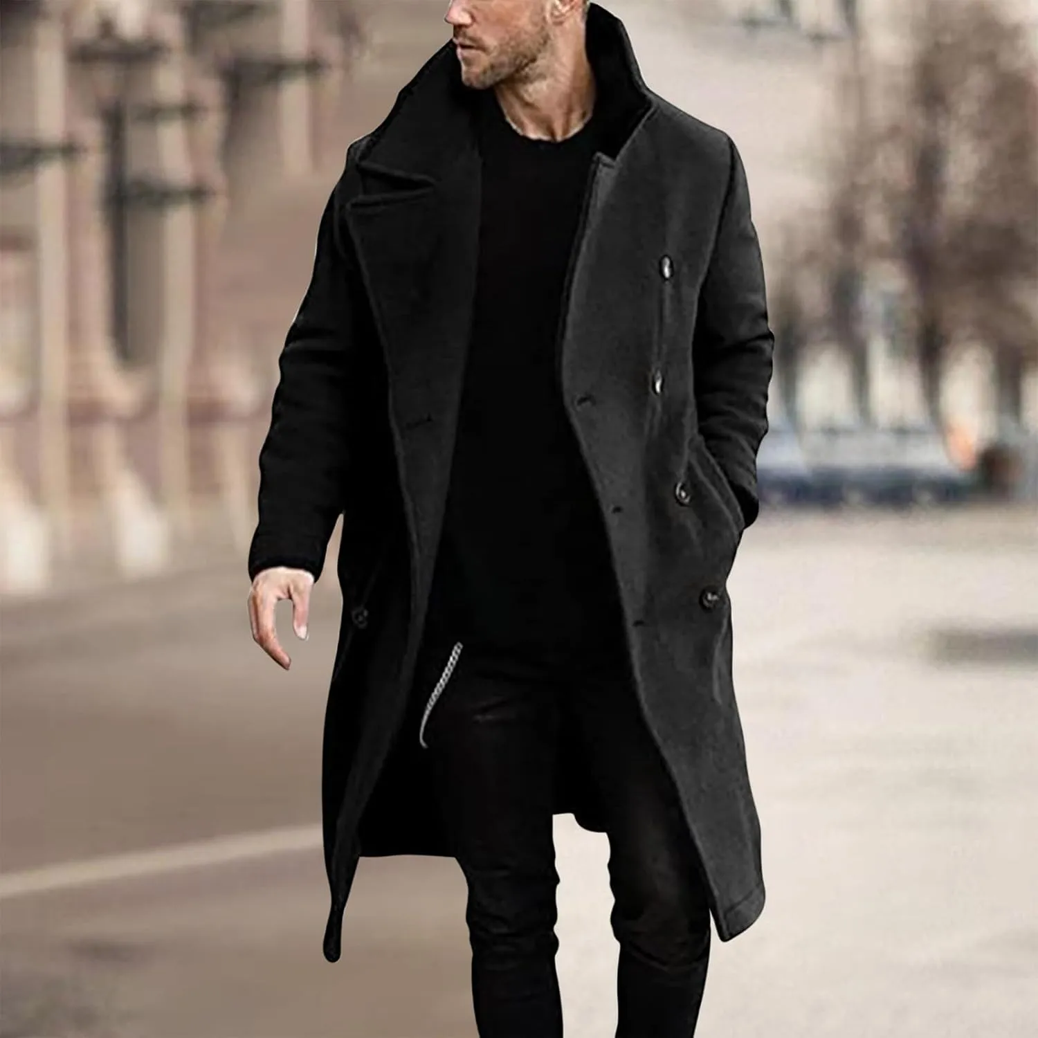 Men's Woolen Pea Coat Slim Fit Double Breasted Winter Wool Trench Coats Business Down Jacket Notch Lapel Office Overcoats