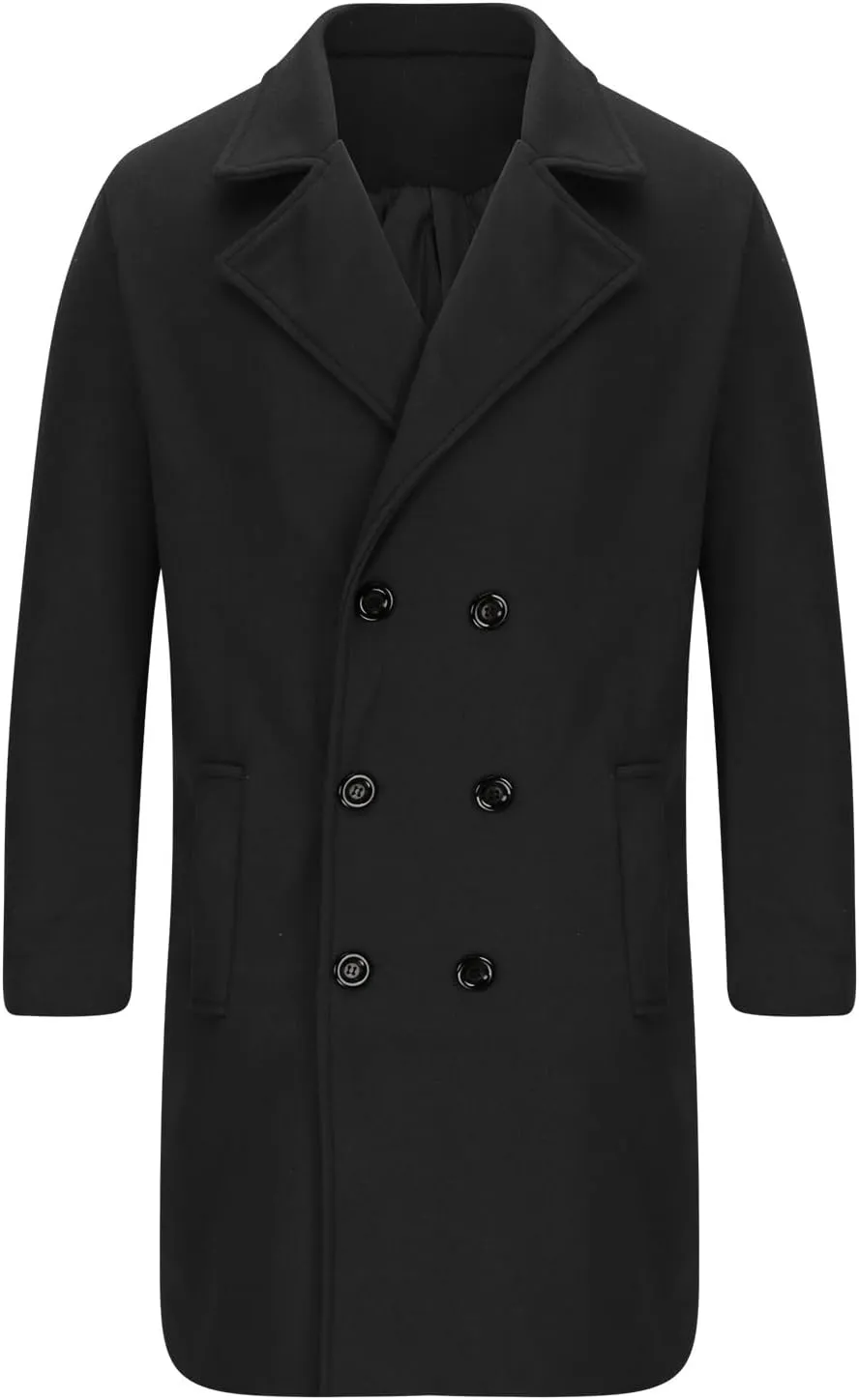 Men's Woolen Pea Coat Slim Fit Double Breasted Winter Wool Trench Coats Business Down Jacket Notch Lapel Office Overcoats