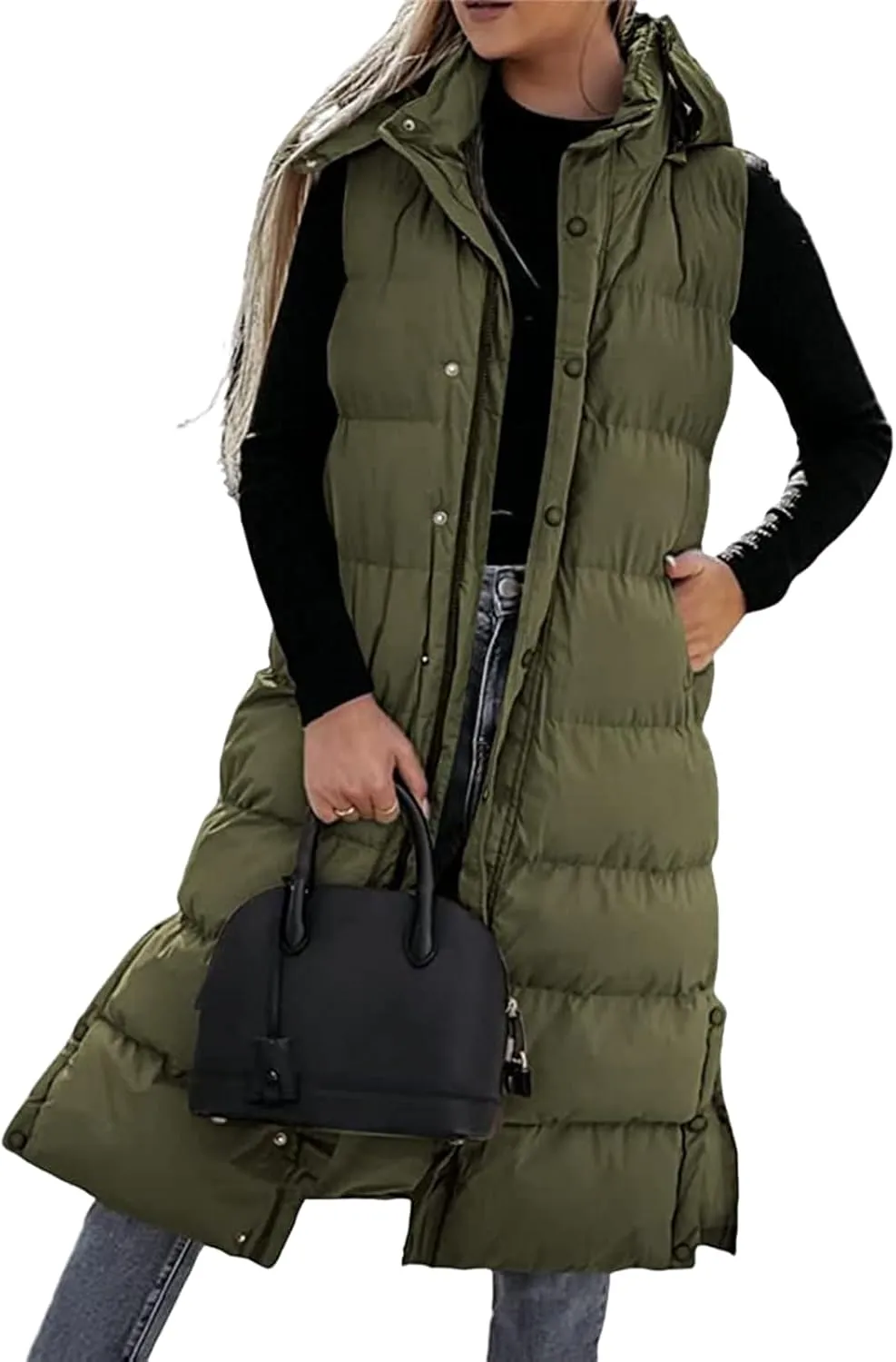 Mmoneyake Long Puffer Vest Women with Hood 2024 Button Zip Up Sleeveless Vests Quilted Puffer Down Jacket Winter Long Coats