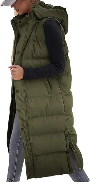 Mmoneyake Long Puffer Vest Women with Hood 2024 Button Zip Up Sleeveless Vests Quilted Puffer Down Jacket Winter Long Coats