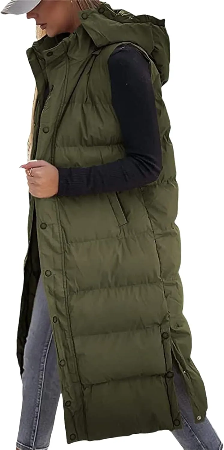 Mmoneyake Long Puffer Vest Women with Hood 2024 Button Zip Up Sleeveless Vests Quilted Puffer Down Jacket Winter Long Coats