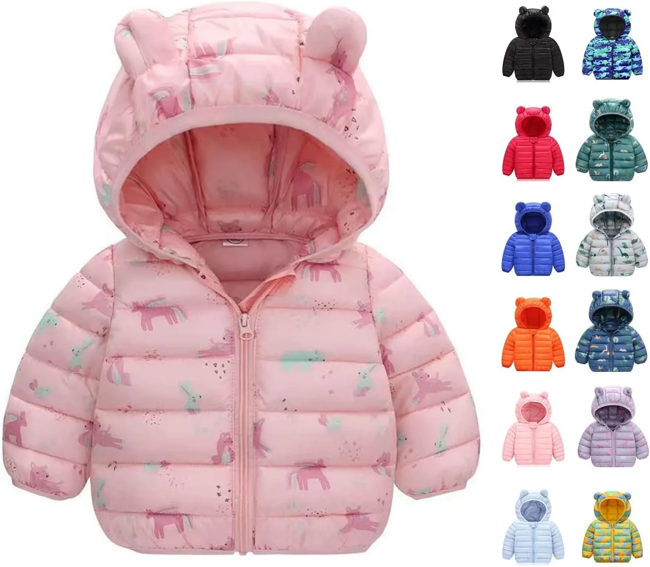 Mmoneyake Winter Down Coats for Kids Baby Boys Girls Lightweight Puffer Padded Jacket with Bear Hoods Warm Infant Outerwear