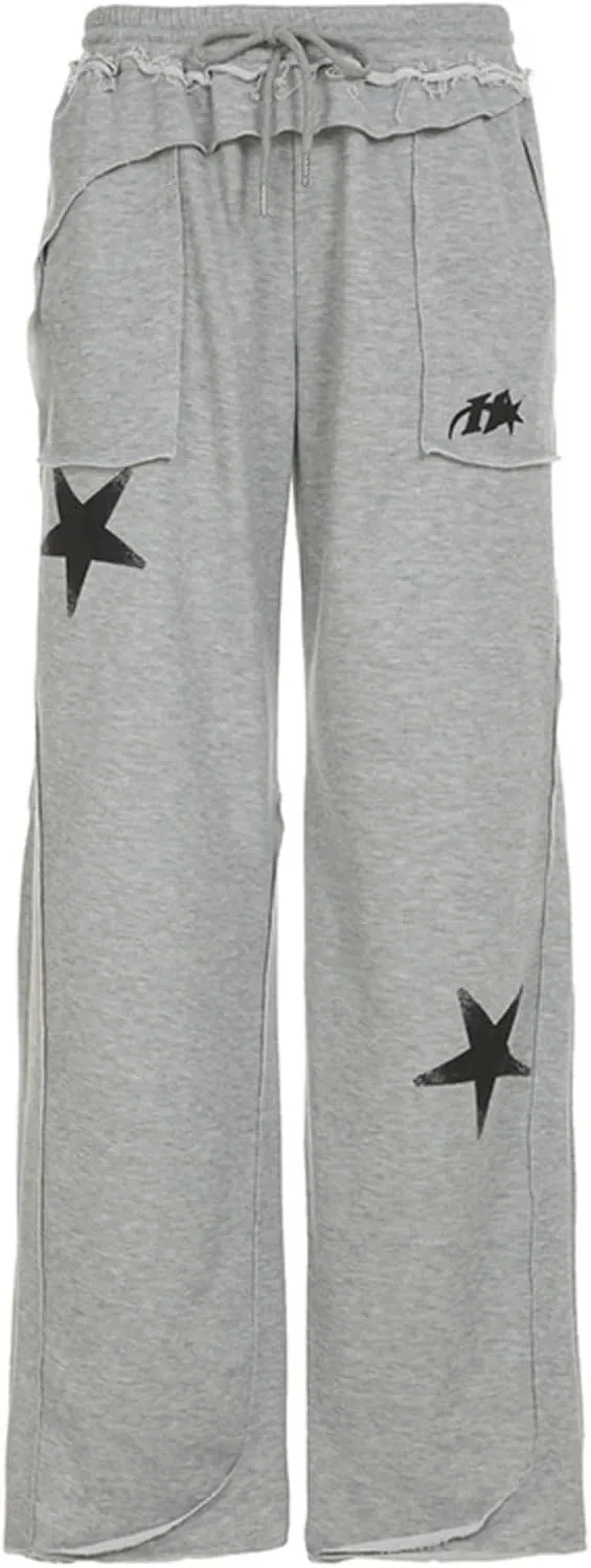 Monkay Women's Wide Leg Sweatpants Star Print Baggy Joggers Fun Off Streetwear Loose Fit Drawstring Waist Lounge Pants