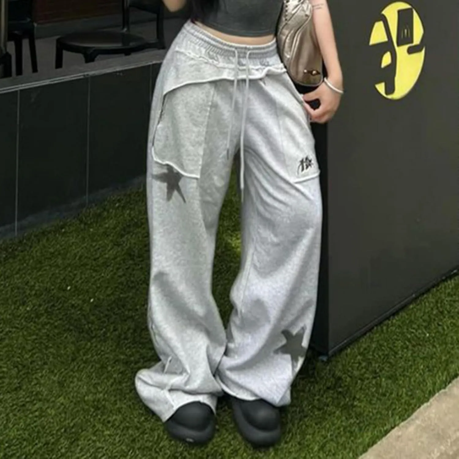 Monkay Women's Wide Leg Sweatpants Star Print Baggy Joggers Fun Off Streetwear Loose Fit Drawstring Waist Lounge Pants