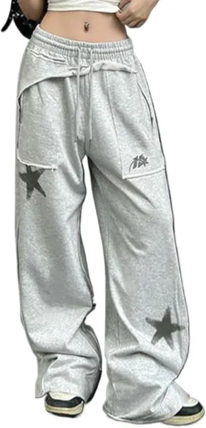 Monkay Women's Wide Leg Sweatpants Star Print Baggy Joggers Fun Off Streetwear Loose Fit Drawstring Waist Lounge Pants
