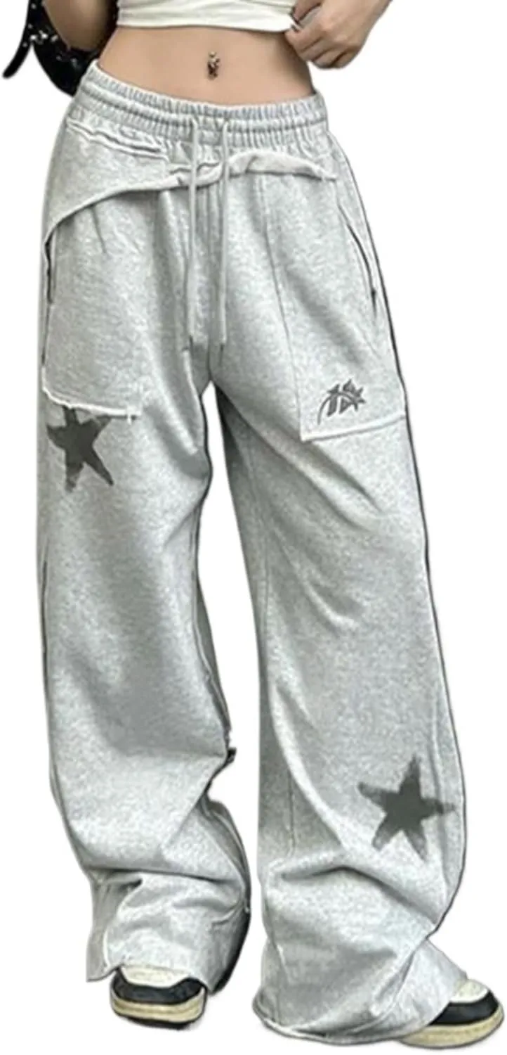 Monkay Women's Wide Leg Sweatpants Star Print Baggy Joggers Fun Off Streetwear Loose Fit Drawstring Waist Lounge Pants