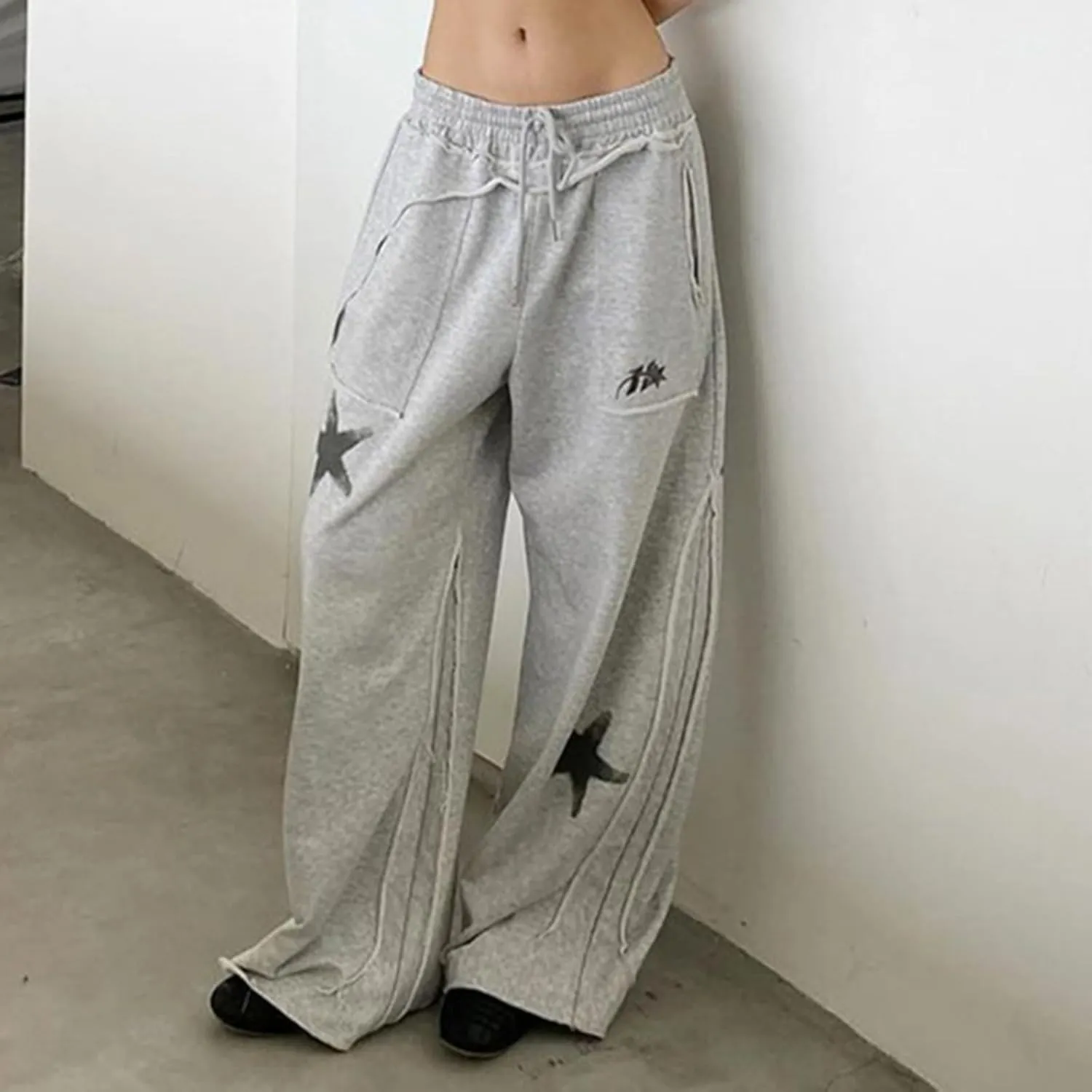 Monkay Women's Wide Leg Sweatpants Star Print Baggy Joggers Fun Off Streetwear Loose Fit Drawstring Waist Lounge Pants