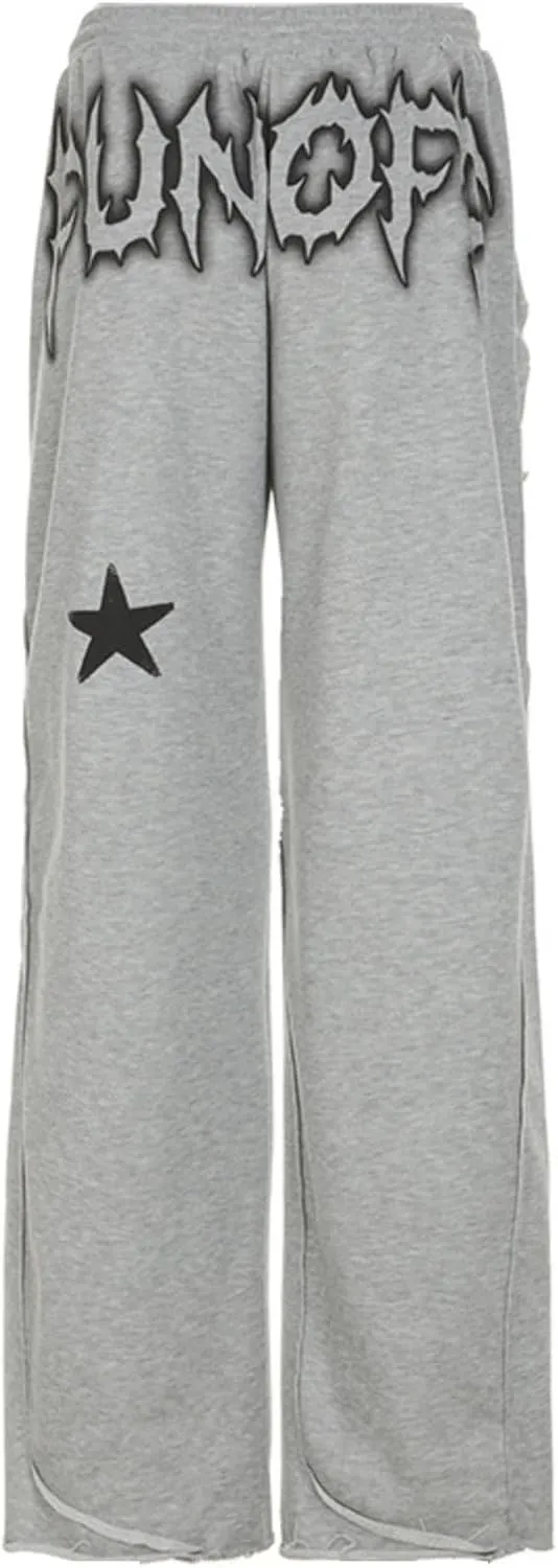Monkay Women's Wide Leg Sweatpants Star Print Baggy Joggers Fun Off Streetwear Loose Fit Drawstring Waist Lounge Pants