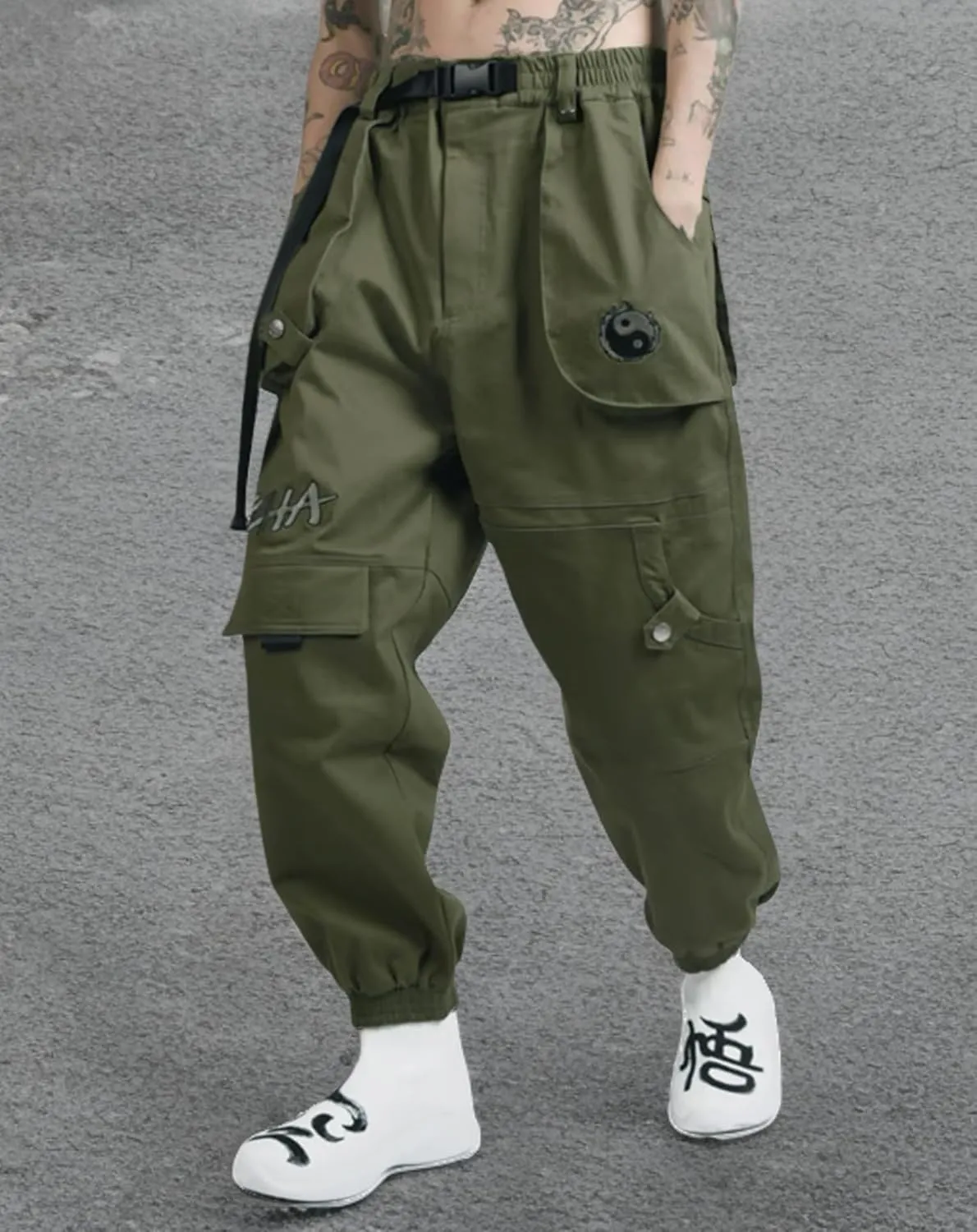 Niepce Inc Japanese Streetwear Cargo Pants for Men with Straps
