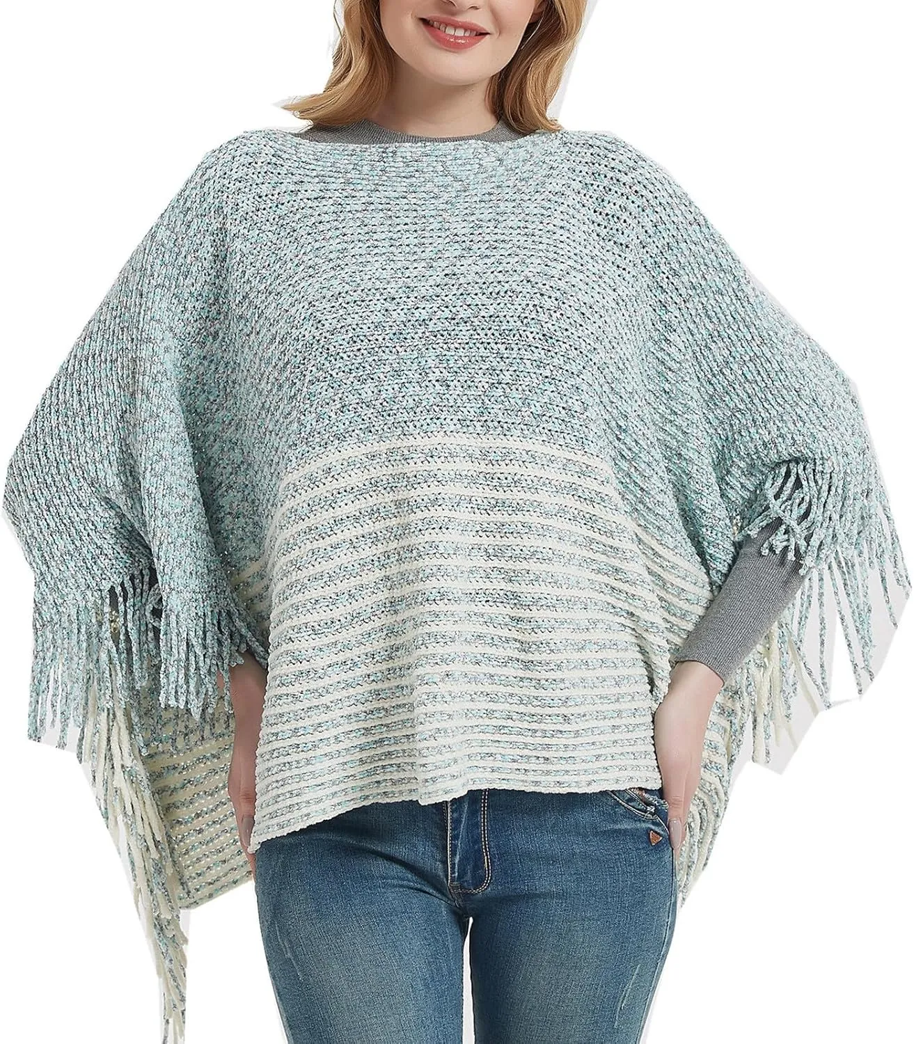 Oplxuo Women's Elegant Knit Shawl Poncho with Fringed Crewneck Striped Sweater Pullover Cape Gifts Scarf Wrap for Fall Winter