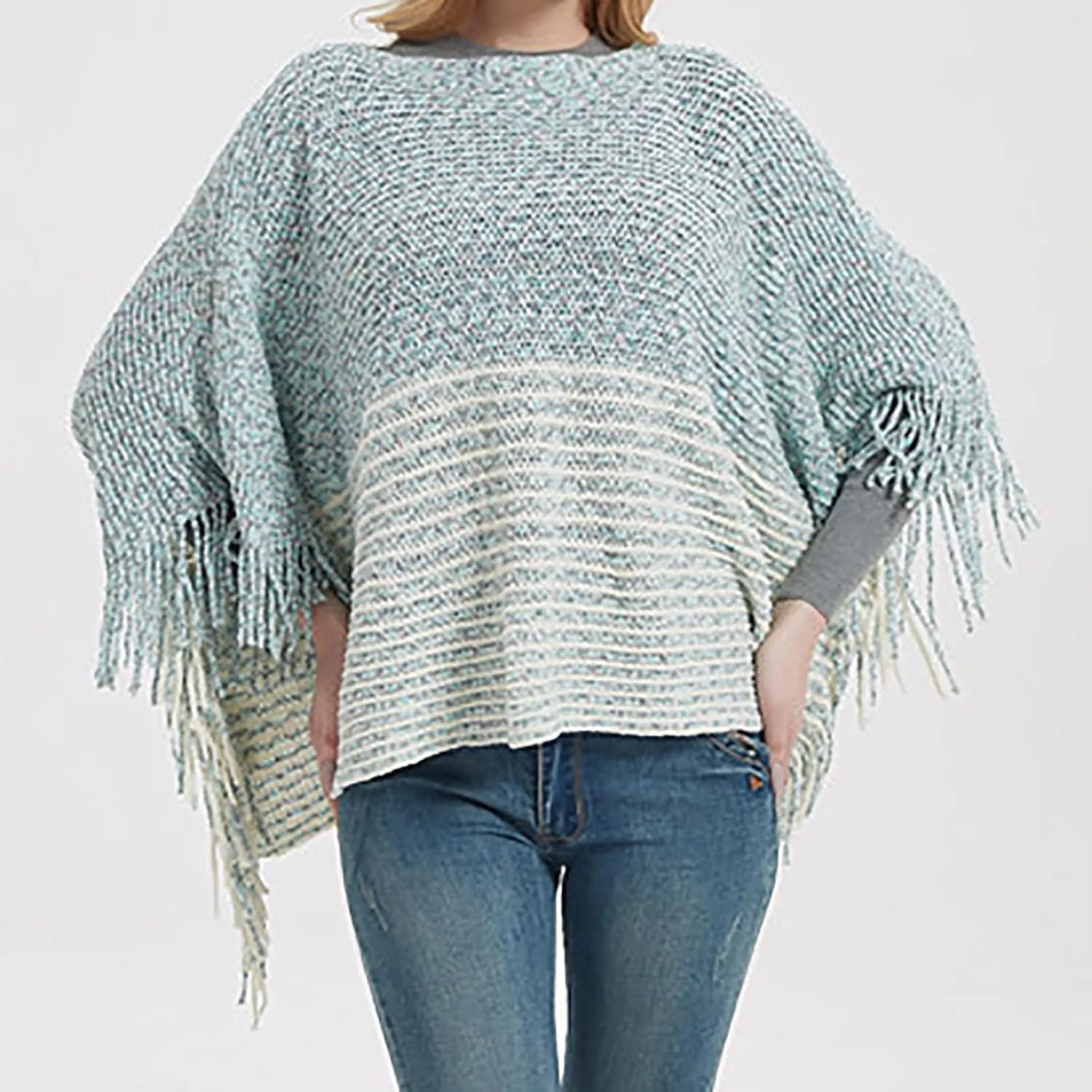Oplxuo Women's Elegant Knit Shawl Poncho with Fringed Crewneck Striped Sweater Pullover Cape Gifts Scarf Wrap for Fall Winter