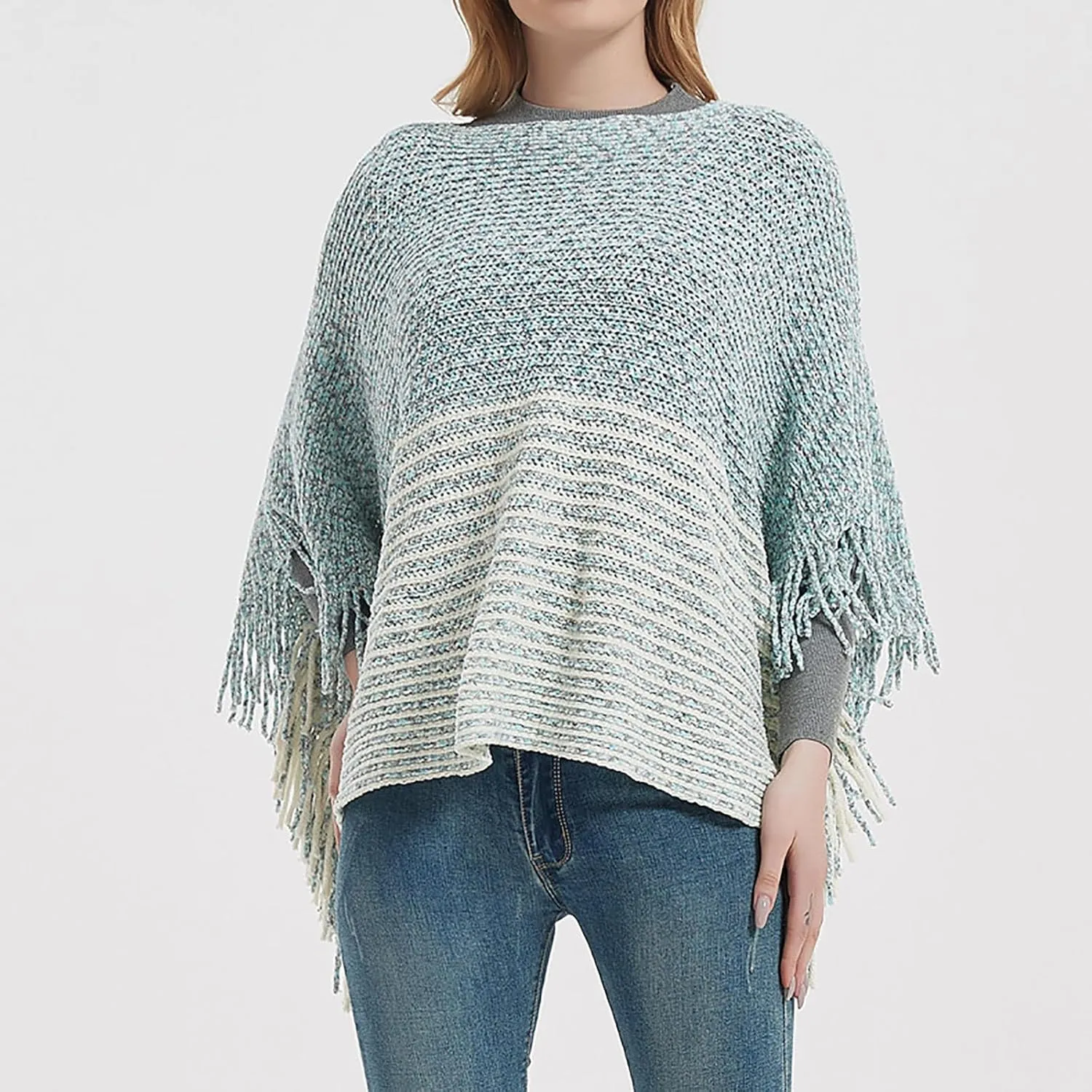 Oplxuo Women's Elegant Knit Shawl Poncho with Fringed Crewneck Striped Sweater Pullover Cape Gifts Scarf Wrap for Fall Winter