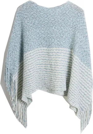 Oplxuo Women's Elegant Knit Shawl Poncho with Fringed Crewneck Striped Sweater Pullover Cape Gifts Scarf Wrap for Fall Winter