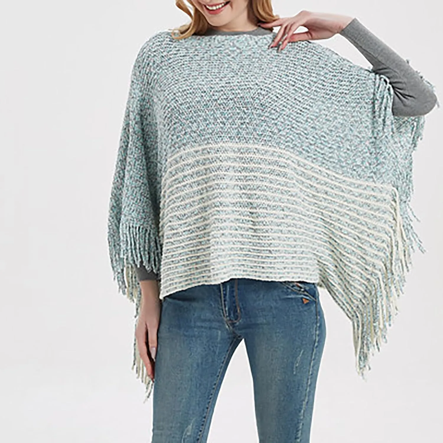 Oplxuo Women's Elegant Knit Shawl Poncho with Fringed Crewneck Striped Sweater Pullover Cape Gifts Scarf Wrap for Fall Winter