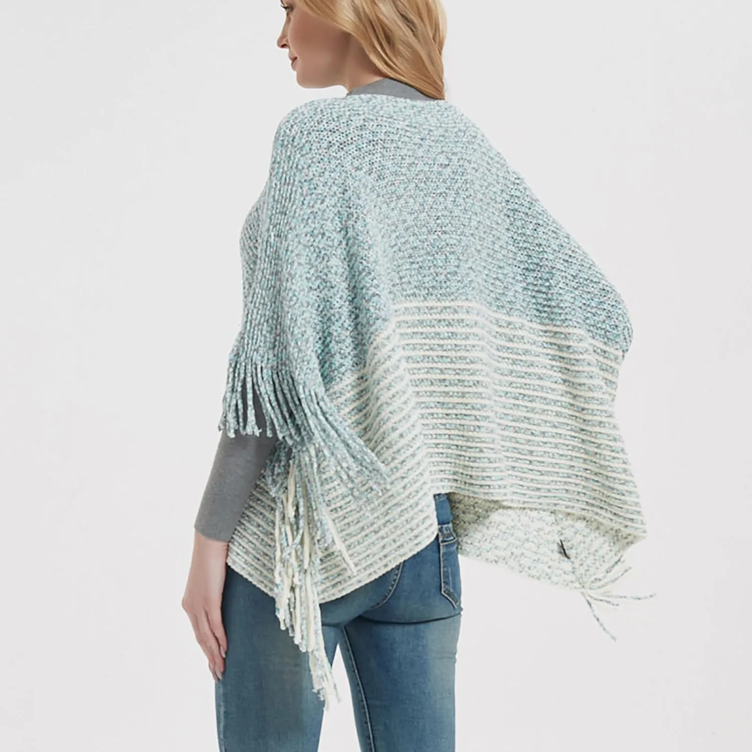 Oplxuo Women's Elegant Knit Shawl Poncho with Fringed Crewneck Striped Sweater Pullover Cape Gifts Scarf Wrap for Fall Winter