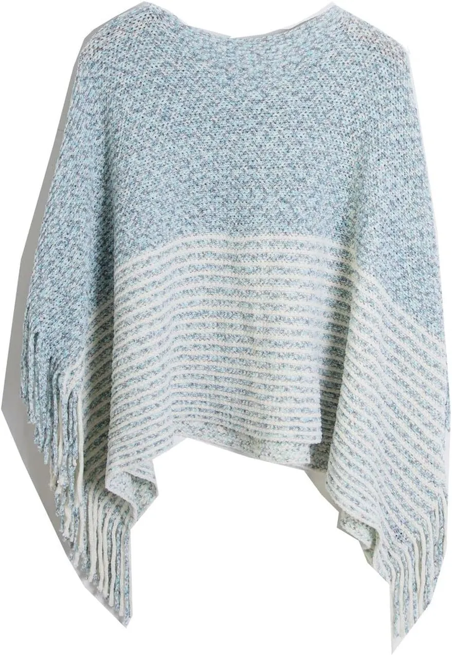 Oplxuo Women's Elegant Knit Shawl Poncho with Fringed Crewneck Striped Sweater Pullover Cape Gifts Scarf Wrap for Fall Winter