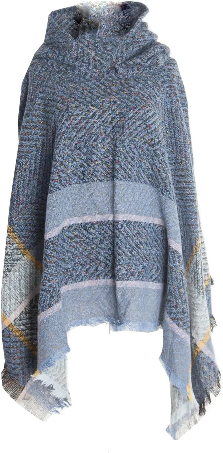 Oplxuo Womens Knit Ponchos Sweater Versatile Lightweight Color Block Pullover Shawl Hooded Wrap Scarf Cape Gifts for Woman