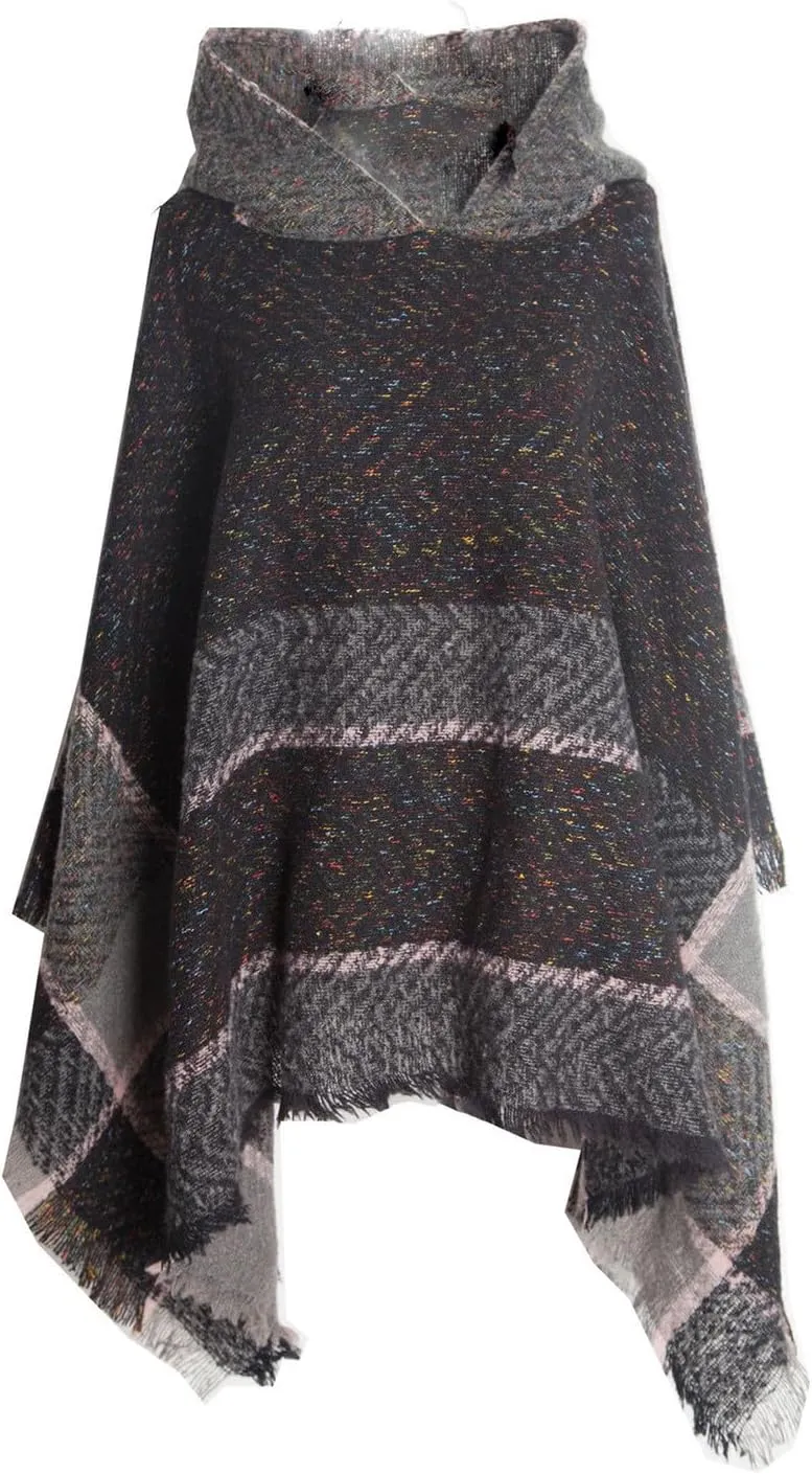 Oplxuo Womens Knit Ponchos Sweater Versatile Lightweight Color Block Pullover Shawl Hooded Wrap Scarf Cape Gifts for Woman