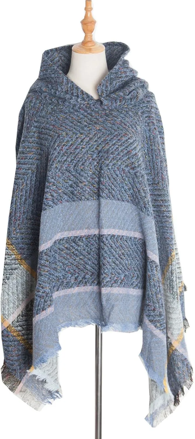 Oplxuo Womens Knit Ponchos Sweater Versatile Lightweight Color Block Pullover Shawl Hooded Wrap Scarf Cape Gifts for Woman